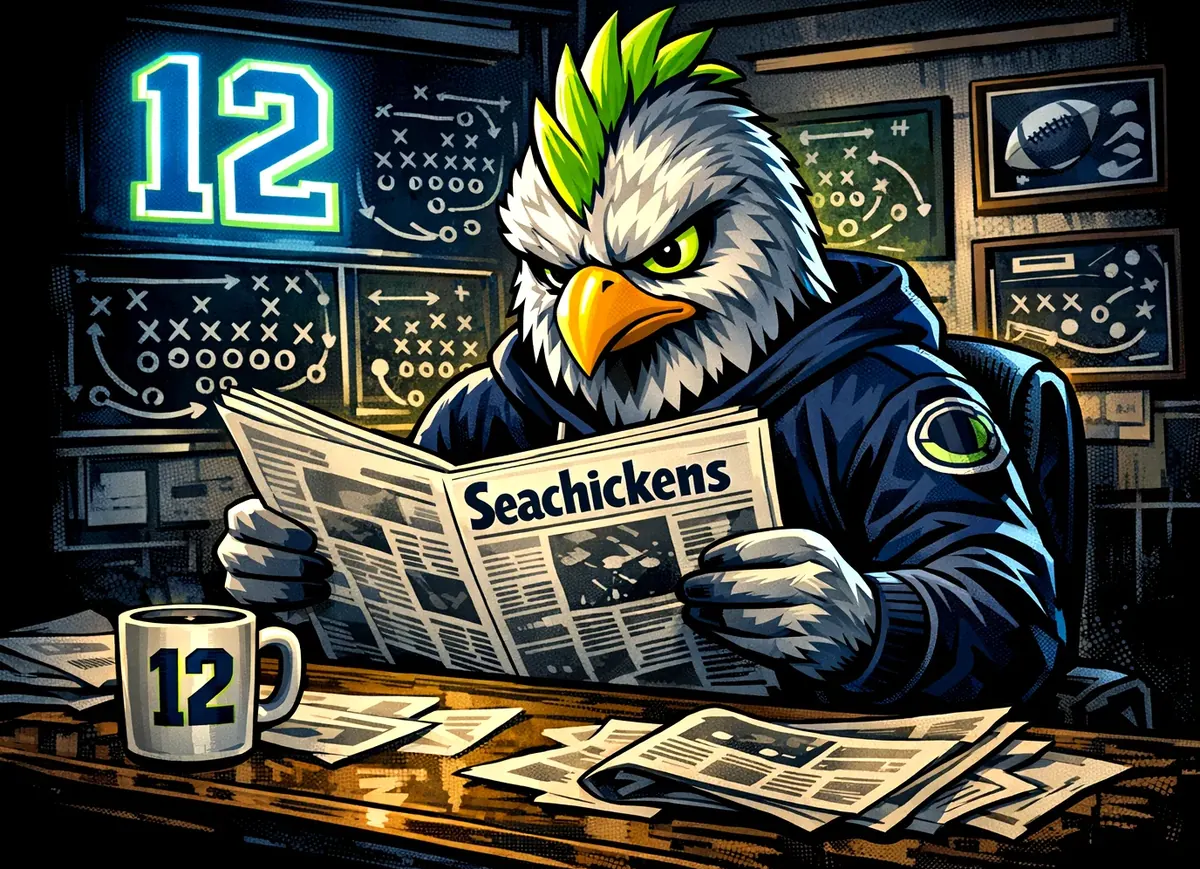 The Rooster, in a Seahawks jacket, reading the Seachickens newspaper at a desk covered in back issues.