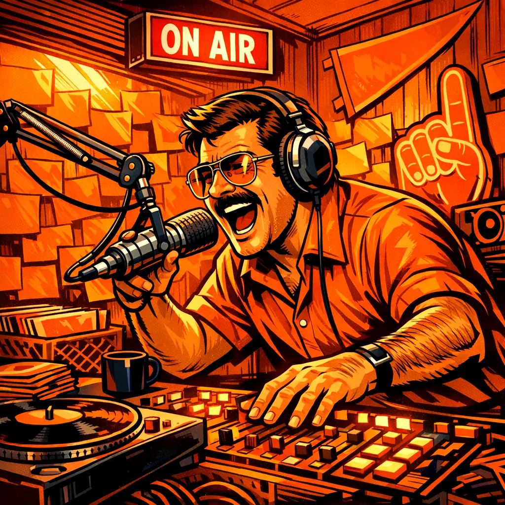 A 1984 radio DJ in headphones shouting into a microphone, in a booth papered with orange leaflets beneath a glowing ON AIR sign.
