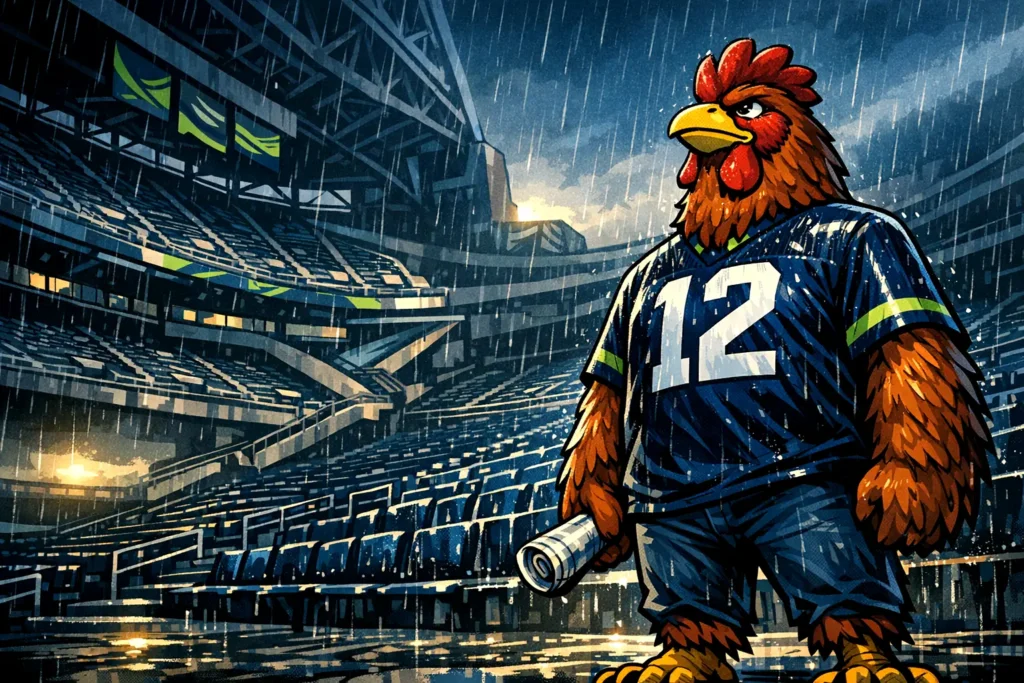 A Seahawks fan drawn as a brown rooster in a number 12 jersey, standing in the empty rain-soaked stands of a domed stadium.