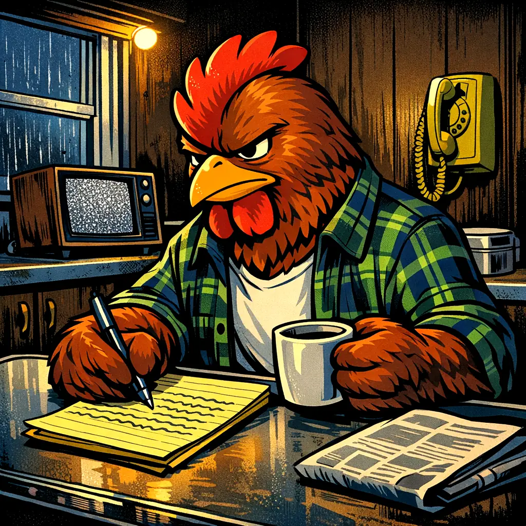 A Seahawks fan drawn as a russet rooster in a plaid flannel shirt, writing a letter by hand at a 1982 kitchen table while a television behind him shows static.