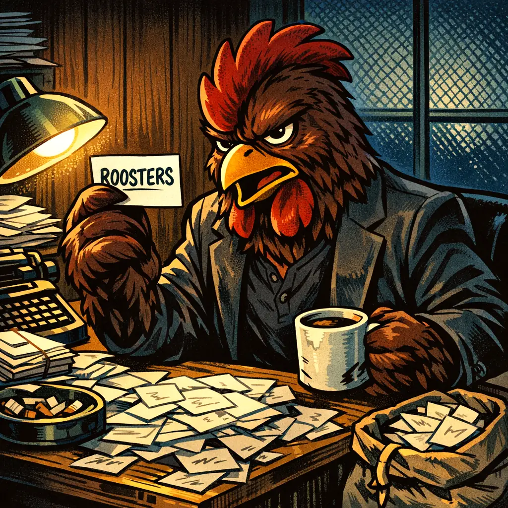 The Rooster, the newsletter's dark-feathered mascot, at a 1975 desk buried in naming-contest entry slips, holding up one that reads ROOSTERS.