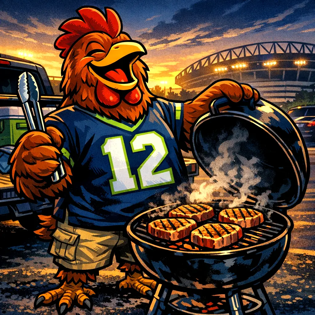 A Seahawks fan drawn as a rooster in a number 12 jersey, grinning as he grills tuna steaks in a stadium car park at sunrise.